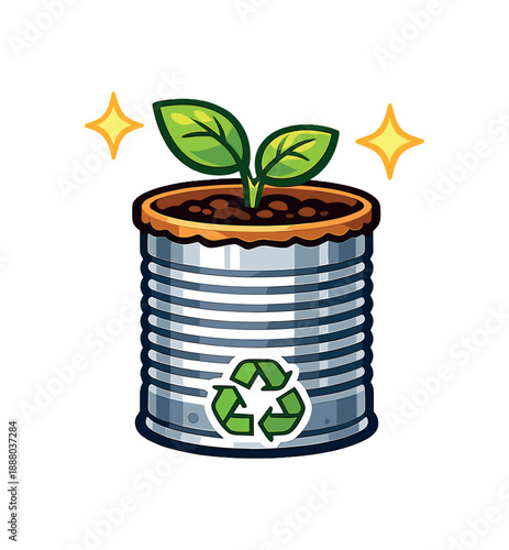 full color flat icon plant pot made from upcycled tin can with small leaf and sparkle second life object