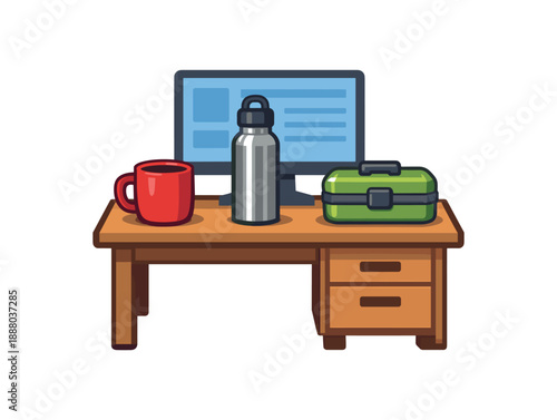 full color flat icon office desk with ceramic mug metal bottle and lunchbox no disposable cups or containers