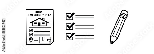 black and white outline home emergency plan sheet checklist marks pencil