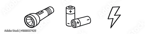 black and white outline flashlight hand torch spare batteries lightning icon