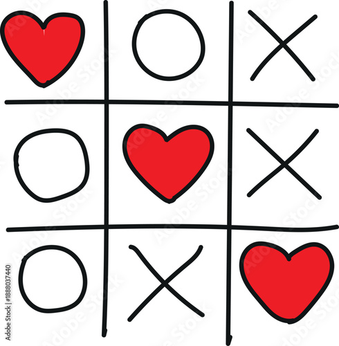 Simple illustration depicting a game of tic-tac-toe where the red heart symbols are positioned strategically attempting to achieve three in a row against the opposing circle and cross markers in a cla