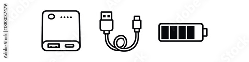 black and white outline power bank brick charging cable battery level