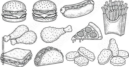 Vintage Hand Drawn Fast Food Engraving Style Black and White Set