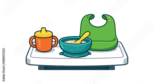 full color flat icon high chair tray with suction bowl bib and sippy cup tidy setup
