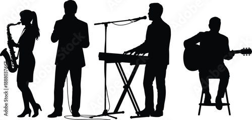 Silhouette band of musicians performing with saxophone, keyboard, and acoustic guitar, artistic music performance concept for entertainment, concert promotion, and creative studio production visuals.