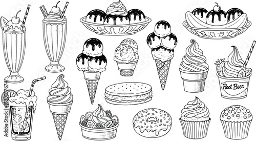 Vintage Hand Drawn Ice Cream Dessert and Drinks Engraving Style Set
