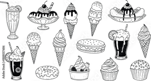 Vintage Hand Drawn Ice Cream Sundae Dessert Engraving Style Illustration Set