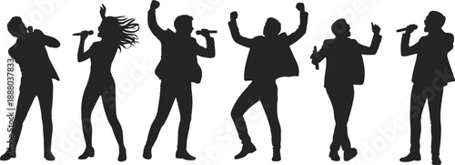 Silhouette group of energetic singers performing with microphones, dancing , artistic music performance concept for concert promotion, entertainment marketing, and creative studio production visuals.