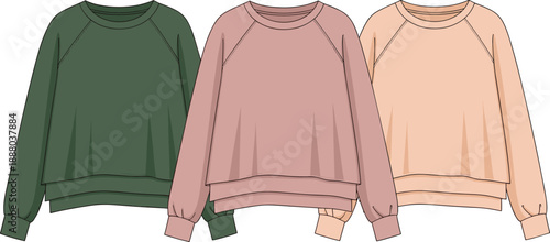 Set of pastel sweatshirt illustrations in different colors, cozy crewneck pullover design, casual unisex fashion apparel vector collection isolated on white background
