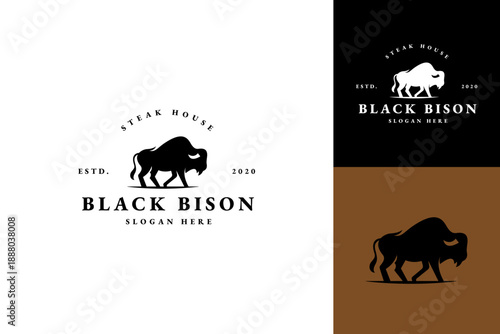 Black Bison Bull Strong Animal logo with flat design concept  template