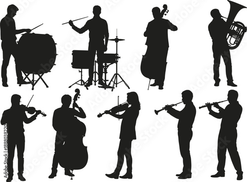 Silhouette orchestra musicians performing with strings, woodwind instruments, classical music ensemble concept for concert promotion, cultural events, education, and creative production visuals.