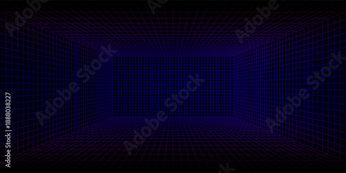 Futuristic cyberpunk grid room vector background. Neon pink lines create a 3D perspective tunnel for tech designs.