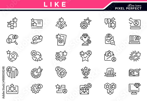 Like line icon set, Agree, feedback, rating, vote, good, best, comment, content, user opinion, blog, monetization, personal brand icon pack.