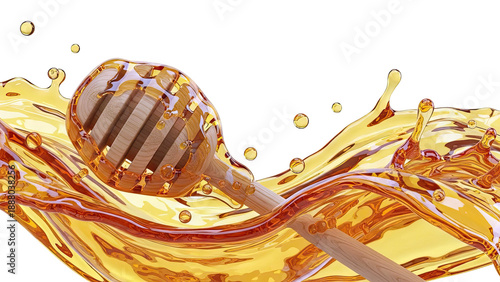Honey dipper in flowing honey with splashes and droplets