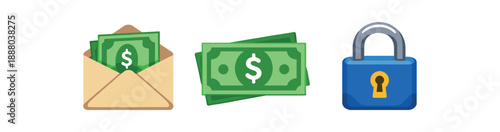 full color flat cash envelope beige banknotes green lock blue