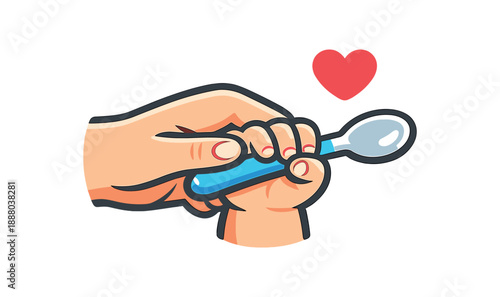 full color flat icon parent hand guiding baby hand to hold spoon with small heart