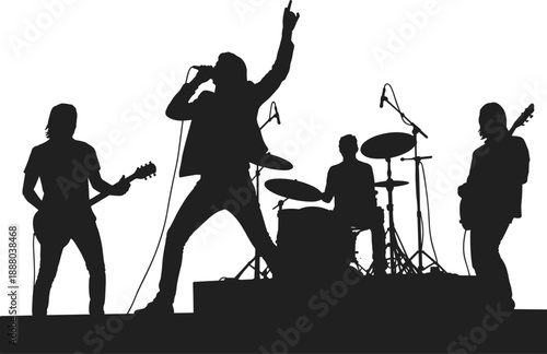 Silhouette rock band performing on stage with singer, guitarists, and drummer, energetic live music concert scene for entertainment promotion, advertising, and creative production visuals.