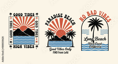 Vintage summer beach stickers set with tropical motifs