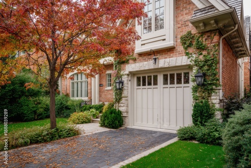 Colorful autumn tree provides backdrop to a brick house with a neatly trimmed garden and a paved driveway in a residential neighborhood during daylight