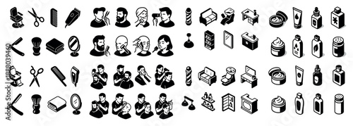 Barbershop icon set with tools and hairstyles