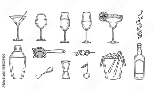 Hand drawn cocktail glasses and barware black line art vector collection