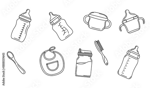 Minimal baby bottle and toddler feeding line art vector illustrations