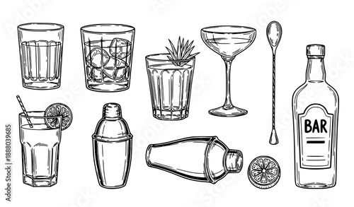 Modern hand drawn cocktail glasses and barware thin-line vector icon set