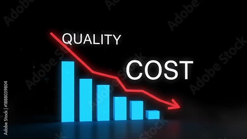 A stark blue bar chart shows decreasing quality, contrasted with the prominent red text 'COST' on a dark, smoky background.