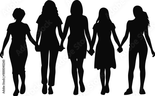 Silhouette Of A Diverse Group Of Women Holding Hands