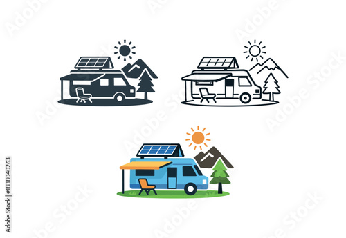 slow travel solar panel van minimal camping illustration