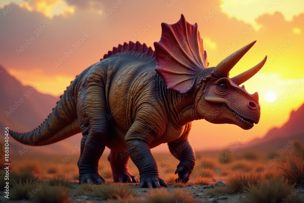 Fototapeta premium Majestic triceratops, sunset hues, brown & tan scales , desert, brown