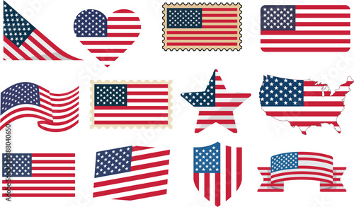 American flag icons in various shapes and designs on transparent  background .