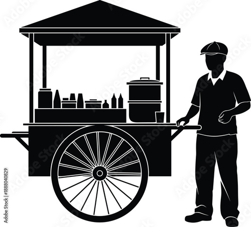Street food cart silhouette with vendor beside traditional push stall, mobile food stand design, black vector illustration for street market and local business concepts