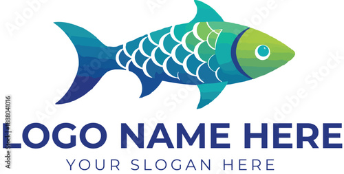 Gradient fish logo vector with blue-green scales for seafood, fishing, or marine branding