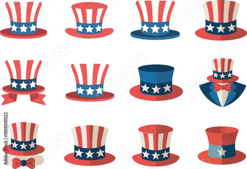 Collection of various Uncle Sam top hats in patriotic colors and star designs