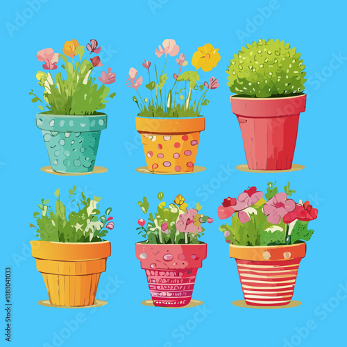 Set of vibrant summer flowers and herbs in colorful patterned pots for Mediterranean style balcony and window garden