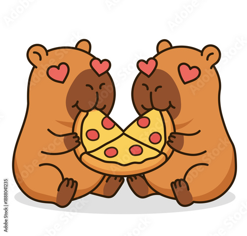 Cute capybara couple with heart eyes eating pizza slice on a romantic date, adorable animal characters sharing pepperoni fast food in vector sticker style on white background.