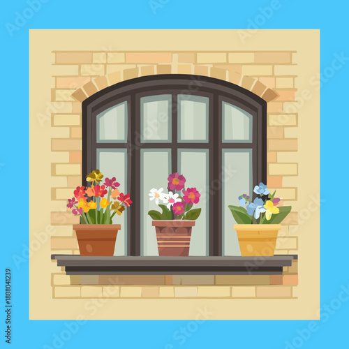 Window view with colorful flowers and green plants in a brick house in flat vector nature illustration