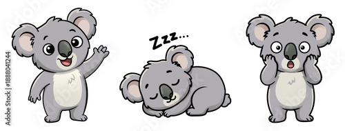 Cute grey koala cartoon character set featuring three emotions: waving, sleeping with Zzz, and reacting in shock, expressive animal mascot collection in clean vector style on white.