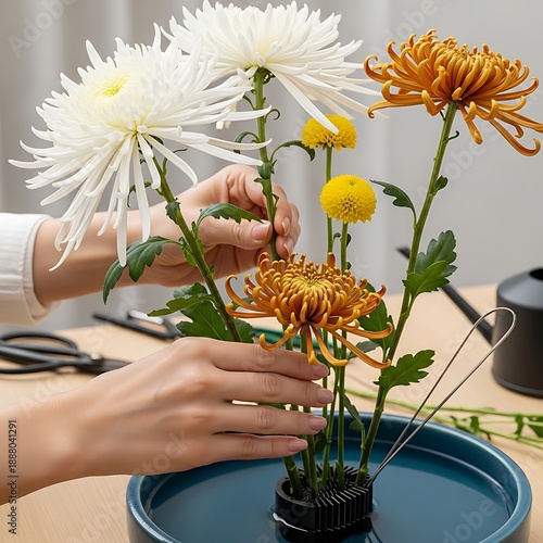 Arranging chrysanthemums in a ceramic bowl with flower frogs technique