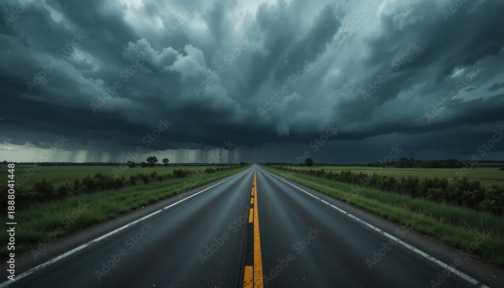 Fototapeta premium Cinematic View of Dark Rain Clouds and Thunderstorm Over an Endless Open Highway