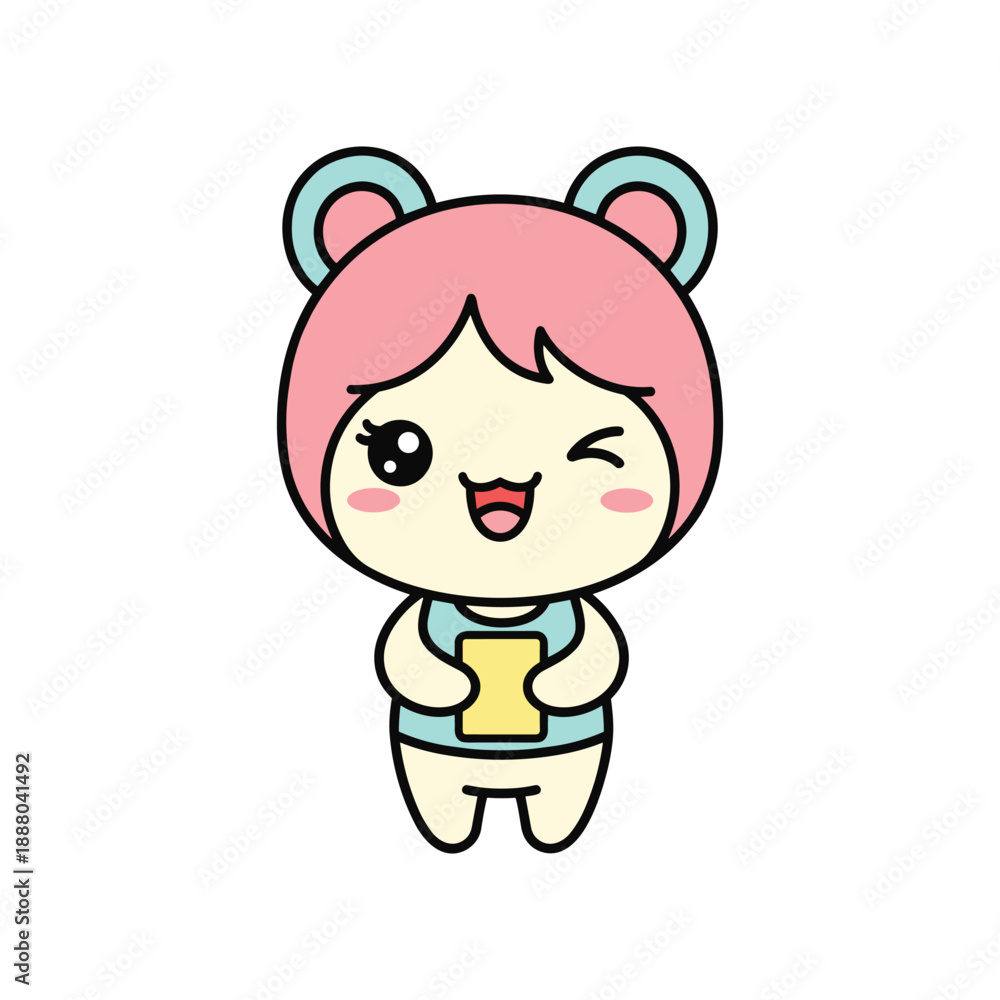 Obraz premium Cute Cartoon Girl with Pink Hair and Bear Ears