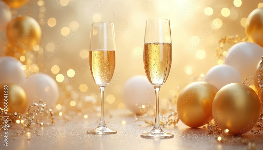 Obraz premium Two champagne glasses with bubbly liquid stand on glittery surface. Gold, white balloons along with bokeh lights create festive mood. Celebration background for special events like New Year wedding.