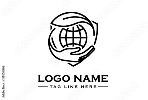 Black line drawing of hands cradling a globe with a leaf on top, accompanied by placeholder text for a logo name and tagline on a white background.