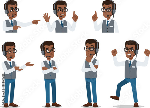 Cartoon Male Character Sheet with Headset, Gestures, Emotions, Business Attire for Customer Service, Training, Storytelling, Animation, and Presentation Use