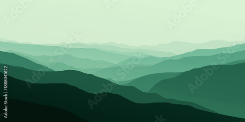 Abstract Vector Emerald Serenity ethereal landscape of layered mountain ranges, rendered in shades of verdant green, evokes a sense of peace and the silent power of nature.