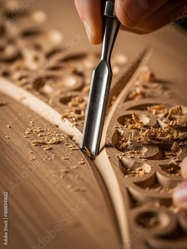 Artisan carving intricate patterns into hardwood using a sharp chisel tool