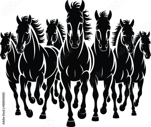Seven black horses running together in a group illustration