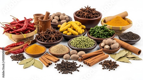 Assortment of Vibrant Spices and Herbs in Bowls Displayed Harmoniously