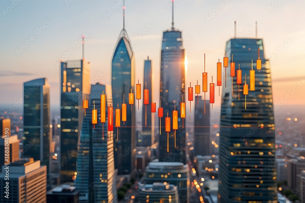 Obraz premium Modern urban cityscape at sunset featuring glass skyscrapers, glowing skyline, and digital financial data charts symbolizing business growth, technology, investment, innovation, and economic progress 